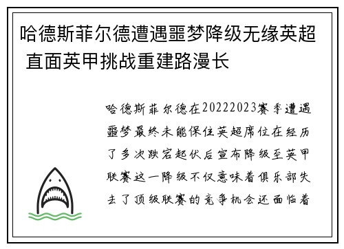 哈德斯菲尔德遭遇噩梦降级无缘英超 直面英甲挑战重建路漫长 哈德斯菲尔德遭遇噩梦降级无缘英超 直面英甲挑战重建路漫长