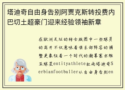 塔迪奇自由身告别阿贾克斯转投费内巴切土超豪门迎来经验领袖新章 塔迪奇自由身告别阿贾克斯转投费内巴切土超豪门迎来经验领袖新章