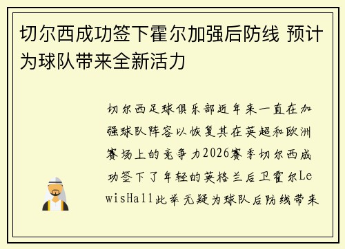 切尔西成功签下霍尔加强后防线 预计为球队带来全新活力